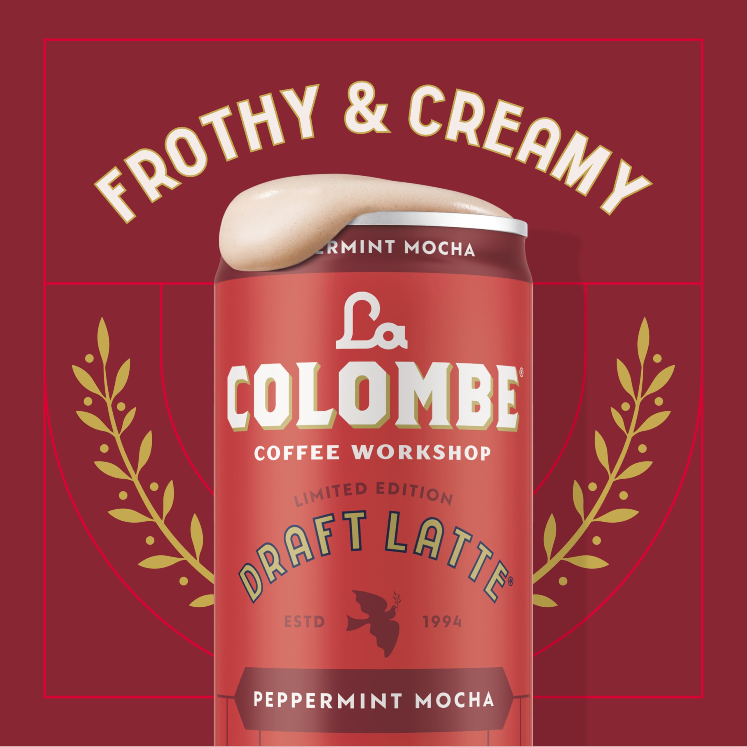 La Colombe Peppermint Mocha Draft Latte packaging on shelf communicates limited-batch appeal.