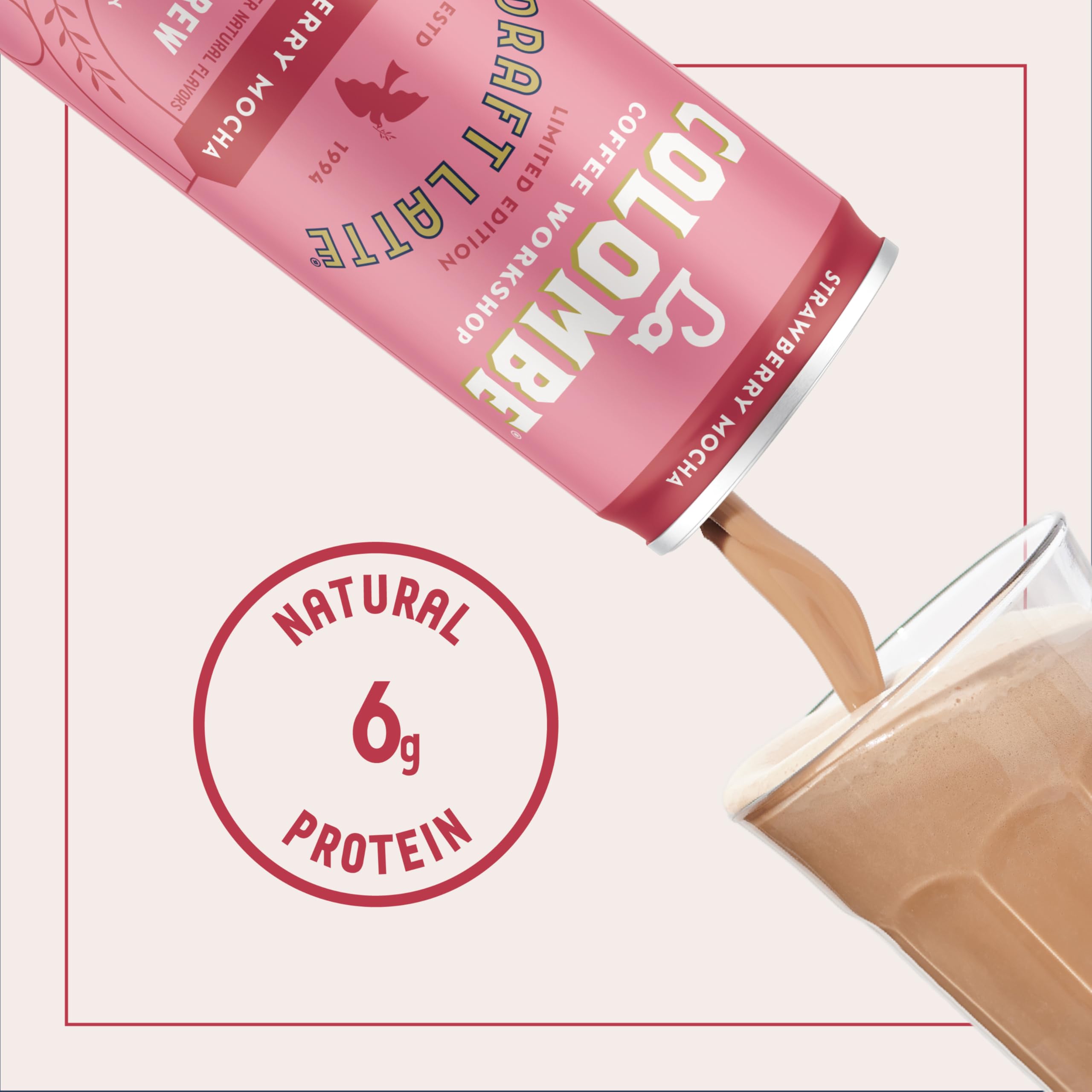 La Colombe Strawberry Mocha Draft Latte can side view, portable daily pick-me-up