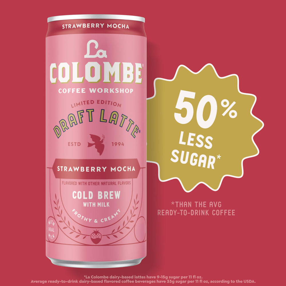 La Colombe Strawberry Mocha Draft Latte cans on table, ready to enjoy