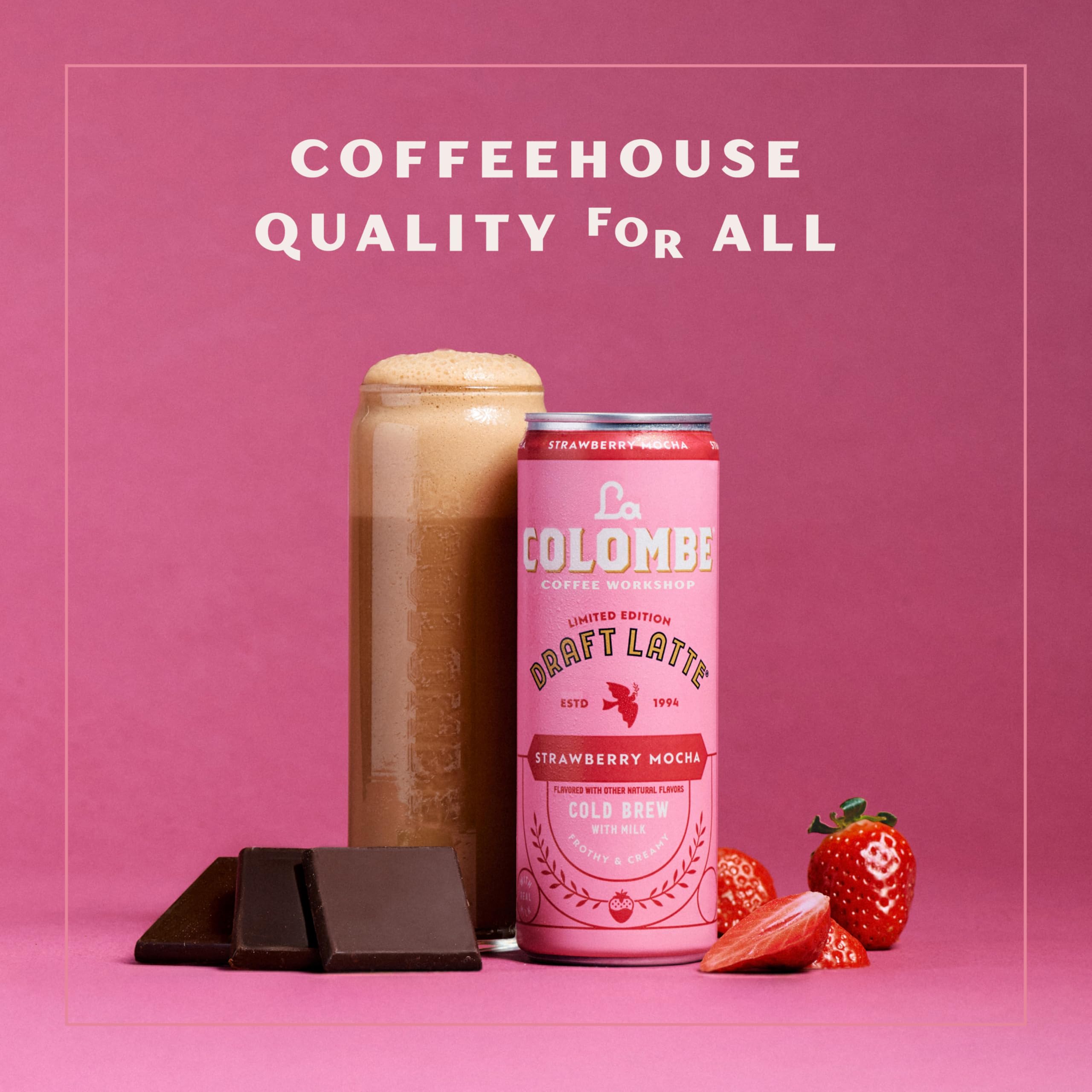 La Colombe Strawberry Mocha Draft Latte pour glass, rich cafe-style texture