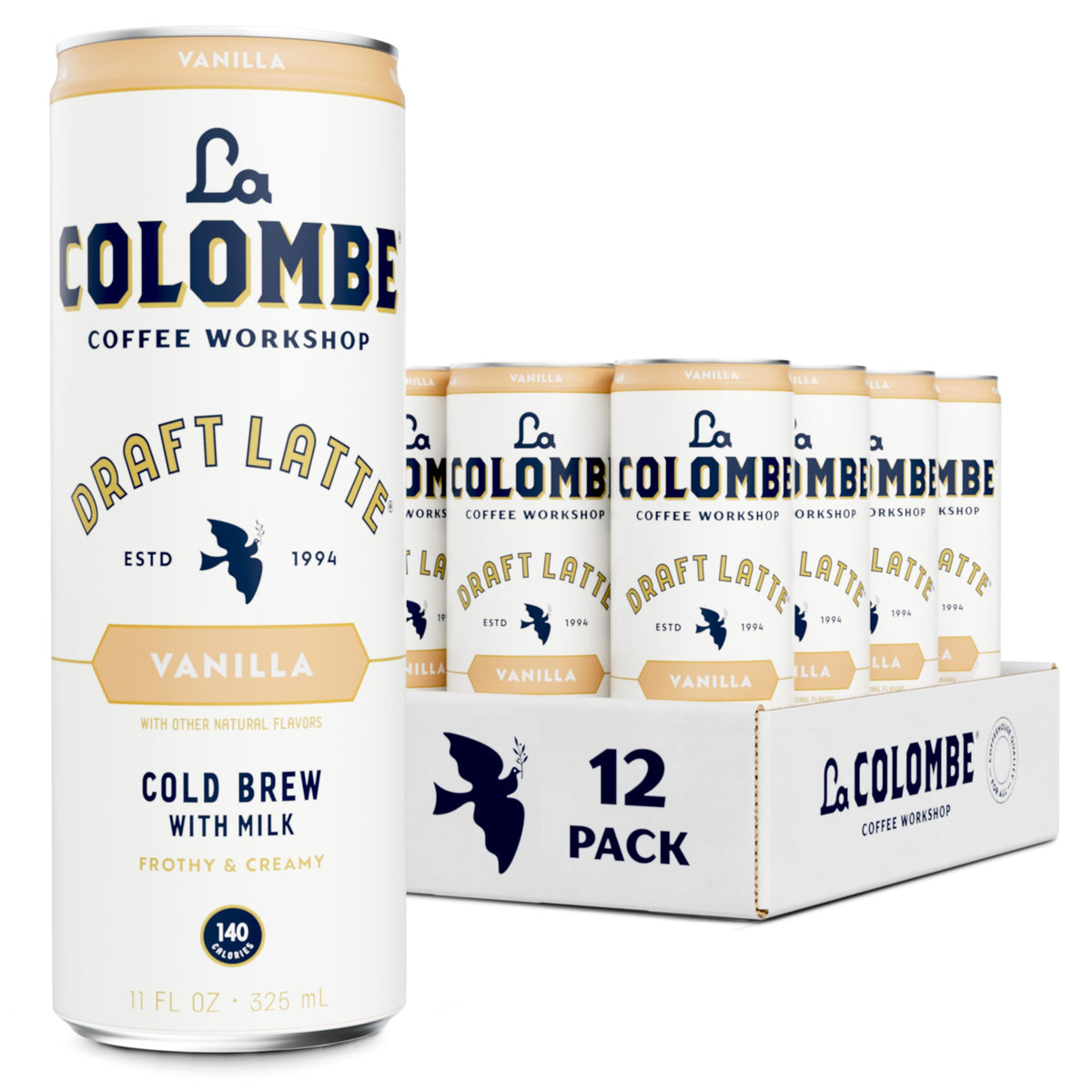 La Colombe Vanilla Draft Latte can with creamy foam for cafe-style texture