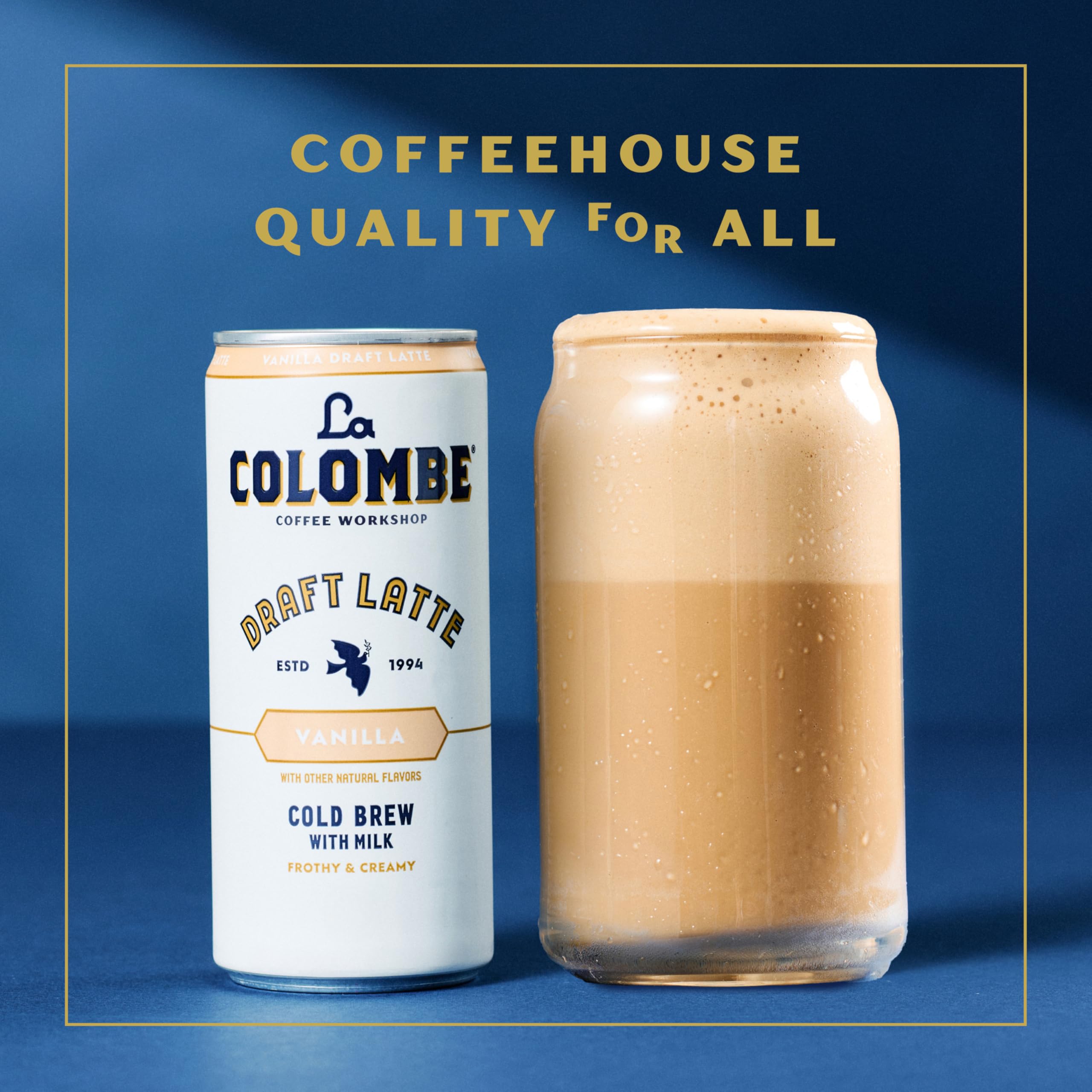 Close-up of creamy foam on La Colombe Vanilla Draft Latte can