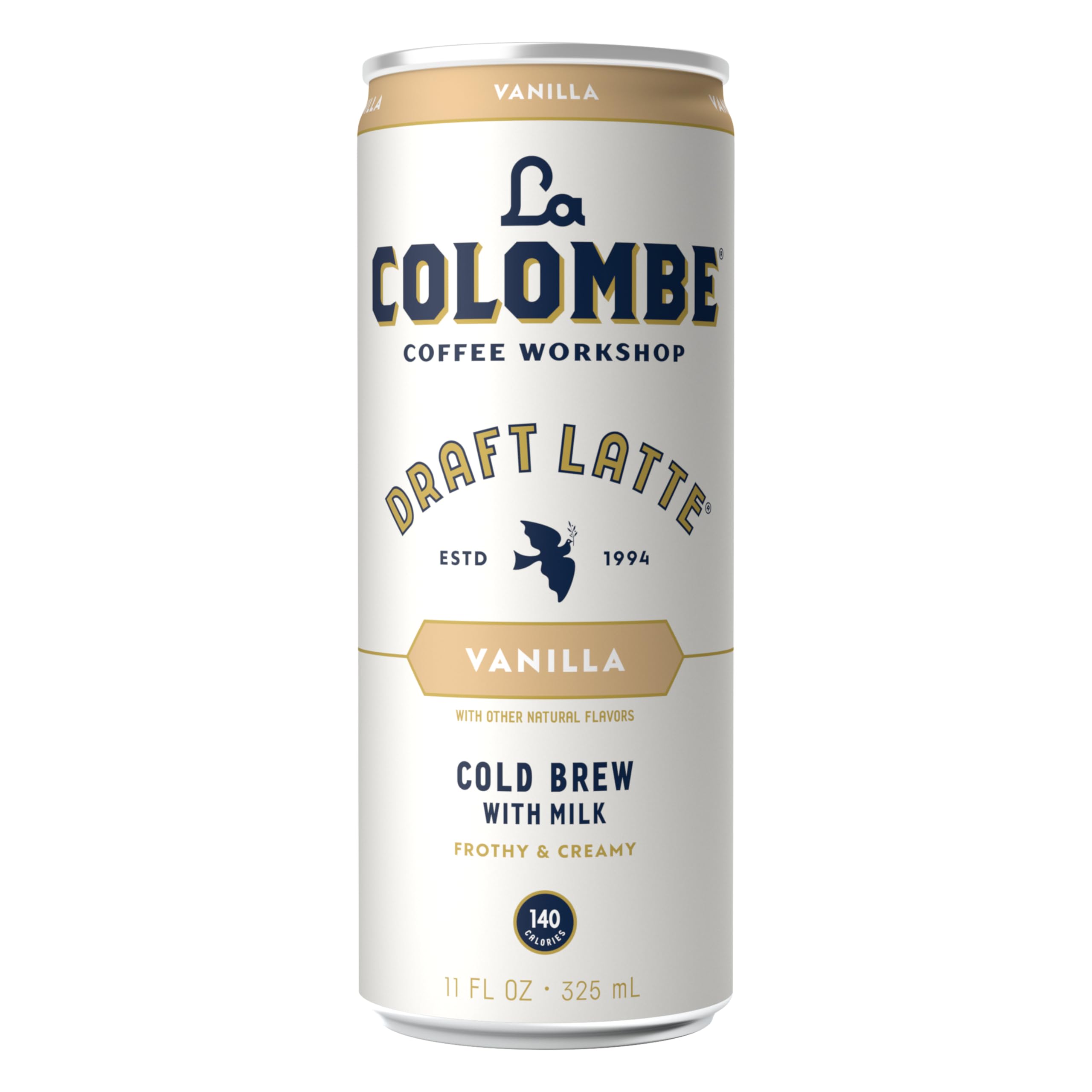 La Colombe Vanilla Draft Latte packaging on kitchen counter for everyday refreshment