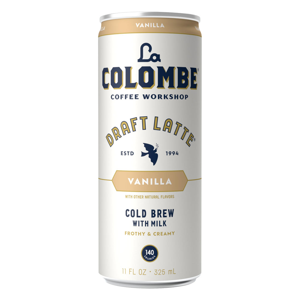 La Colombe Vanilla Draft Latte packaging on kitchen counter for everyday refreshment