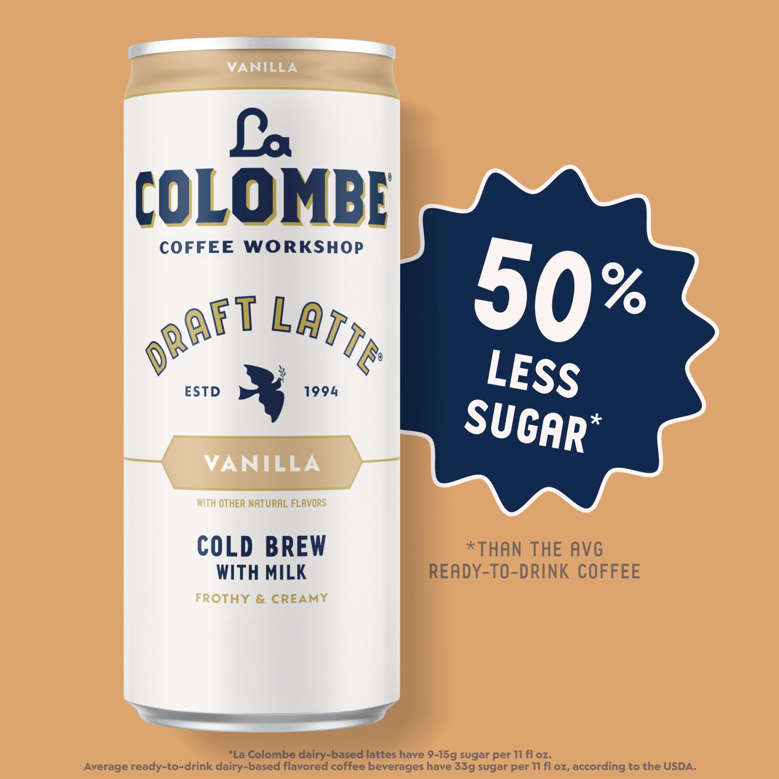 Vanilla swirl in La Colombe Vanilla Draft Latte glass with real milk texture