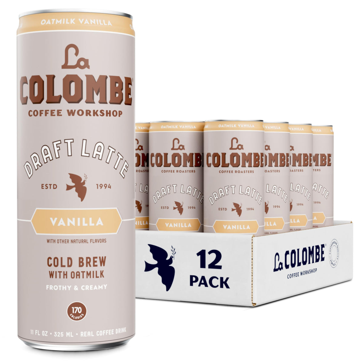 La Colombe Vanilla Oatmilk Latte can with frothy texture for on-the-go enjoyment