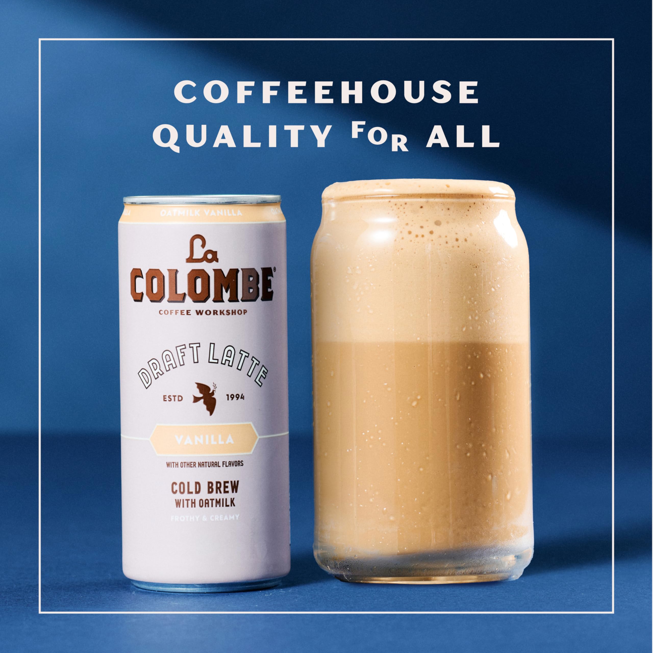 La Colombe Vanilla Oatmilk Latte can displayed in fridge for easy access