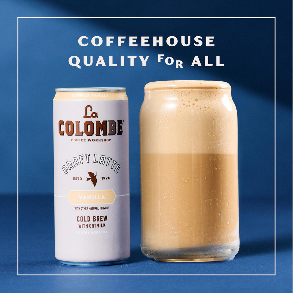 La Colombe Vanilla Oatmilk Latte can displayed in fridge for easy access