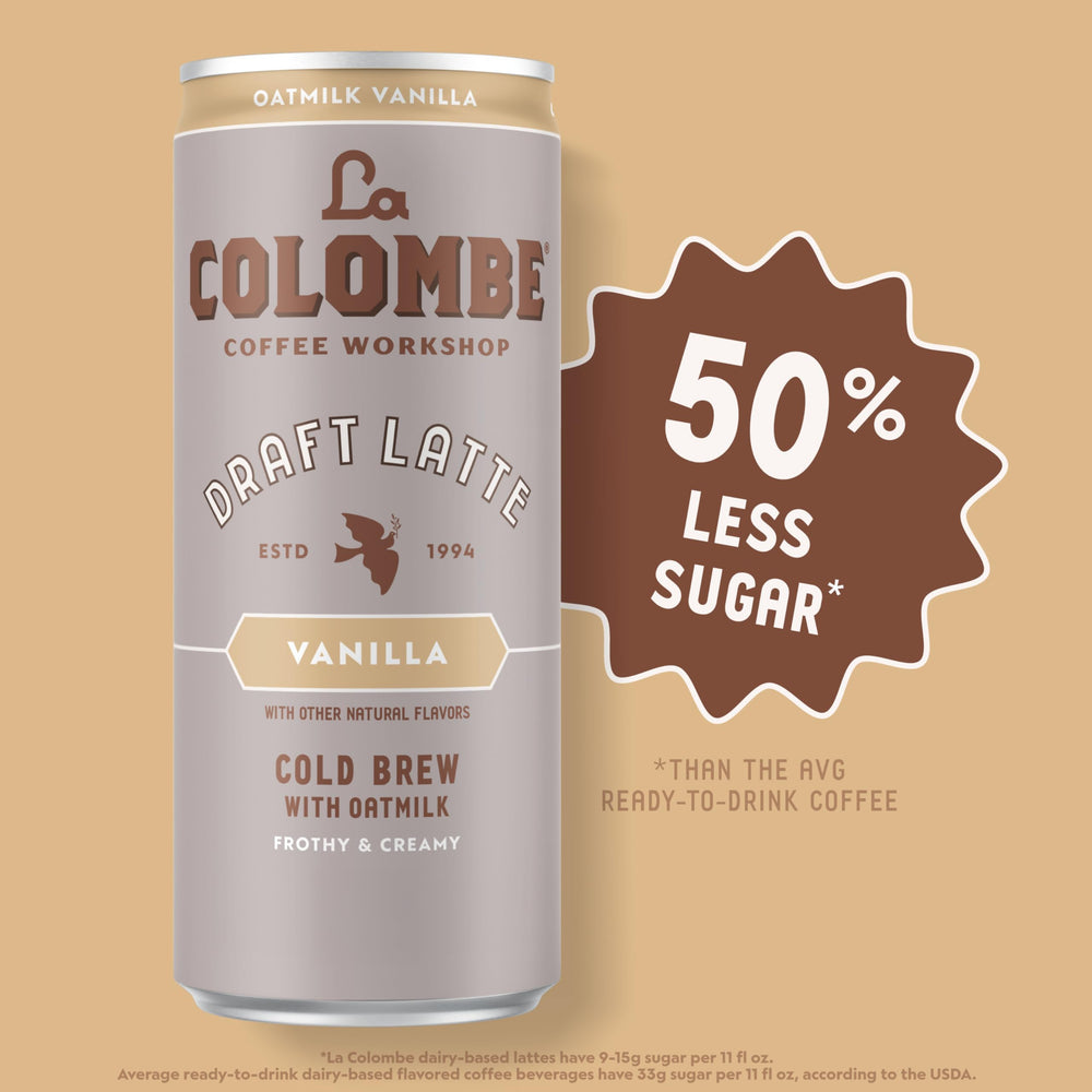 La Colombe Vanilla Oatmilk Latte packaging emphasizes dairy-free, plant-based ingredients