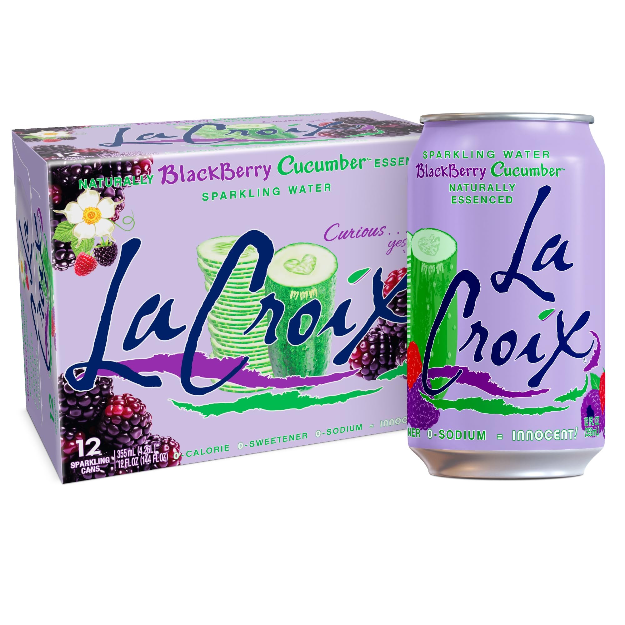 La Croix Blackberry Cucumber can closeup showing refreshing flavor and zero calories.