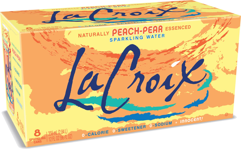 La Croix Peach Pear bottle shows crisp, zero-calorie refreshment with a fruity aroma.