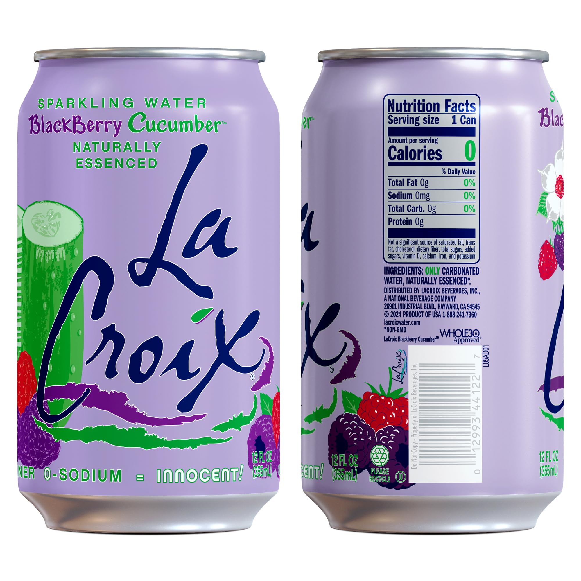 La Croix Blackberry Cucumber pour into glass highlights crisp hydration.