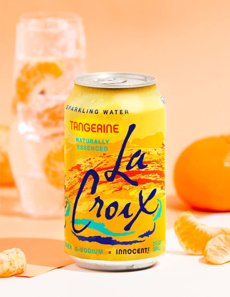 La Croix Tangerine aluminum can shown in a cooler, ideal for on-the-go hydration.