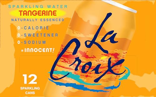 Close-up of La Croix Tangerine label highlighting natural essences and eco-friendly packaging.