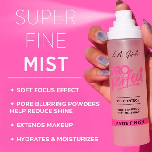 L.A. Girl Pro Perfect Setting Spray GFS200 powder-infused blur smooths texture on skin.
