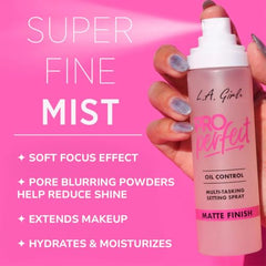 L.A. Girl Pro Perfect Setting Spray GFS200 powder-infused blur smooths texture on skin.