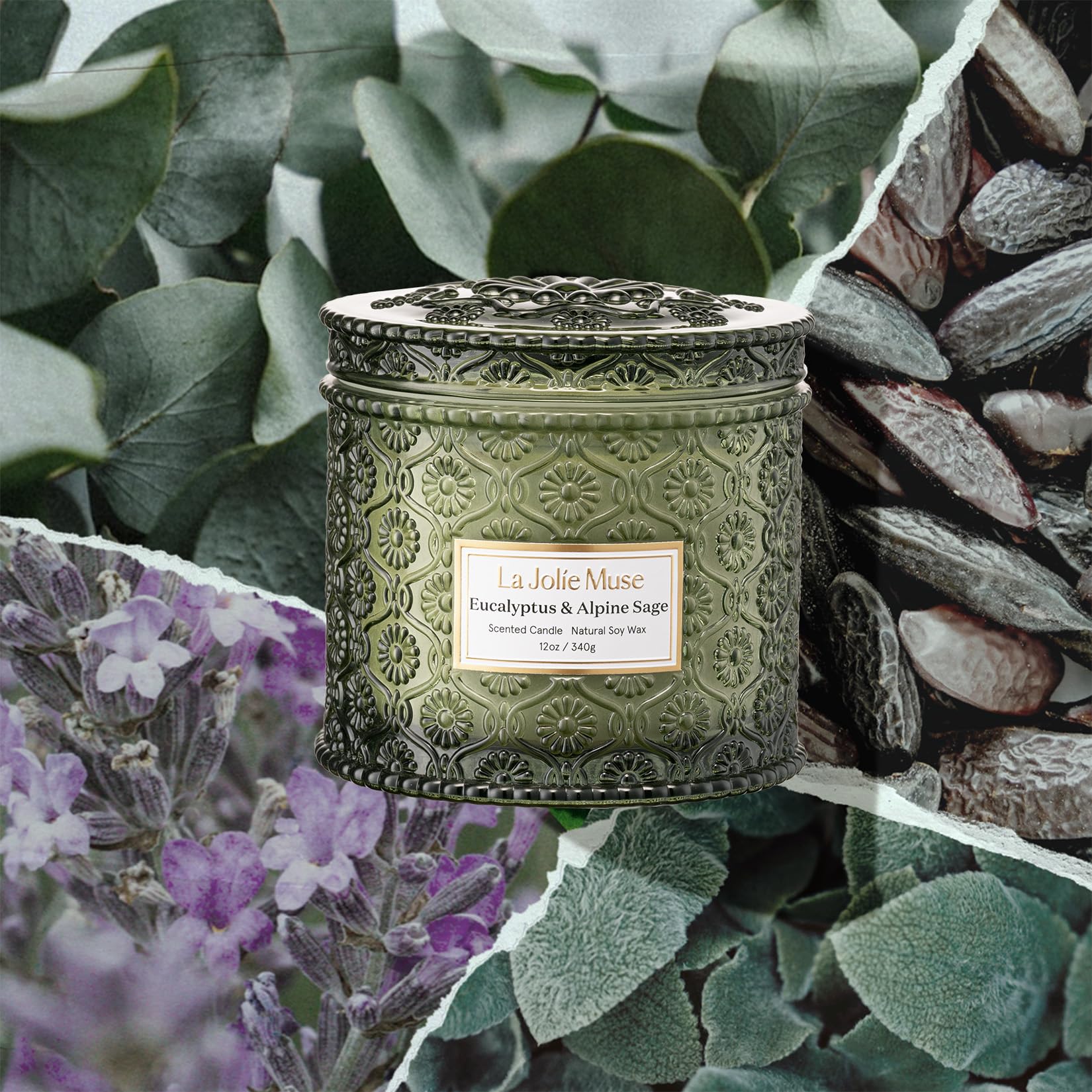 LA JOLIE MUSE embossed-daisy jar elevates decor while delivering bright eucalyptus and sage aroma.