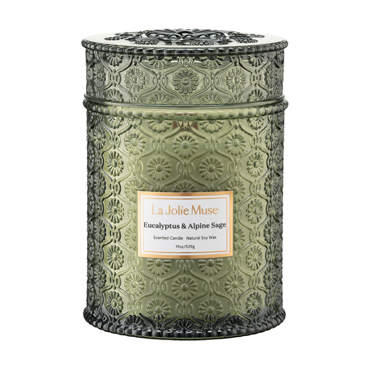 LA JOLIE MUSE eucalyptus-alpine-sage candle in a daisy-embossed jar adds elegant ambiance