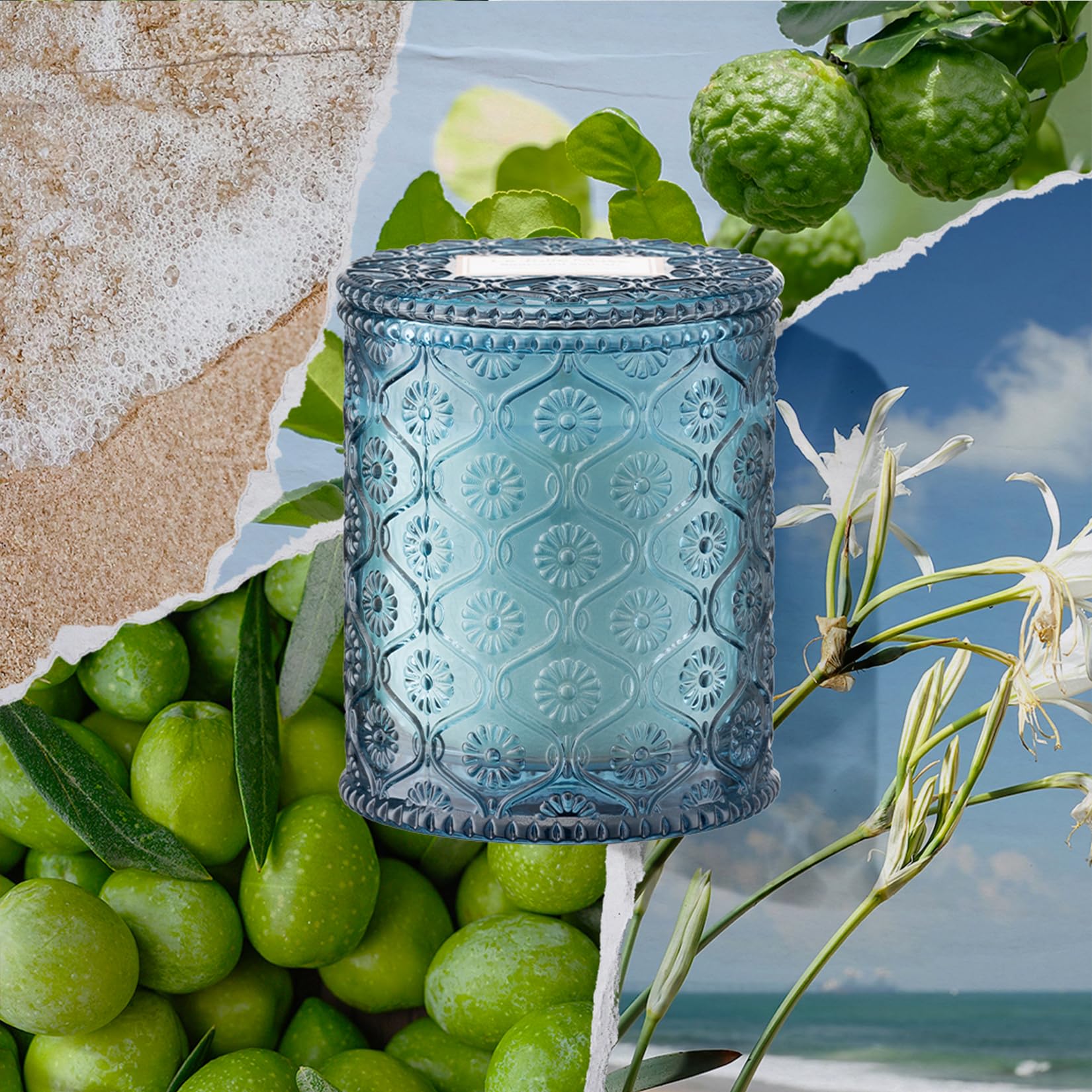 LA JOLIE MUSE Santorini Salt Air candle embossed daisy motif elevates décor subtly.