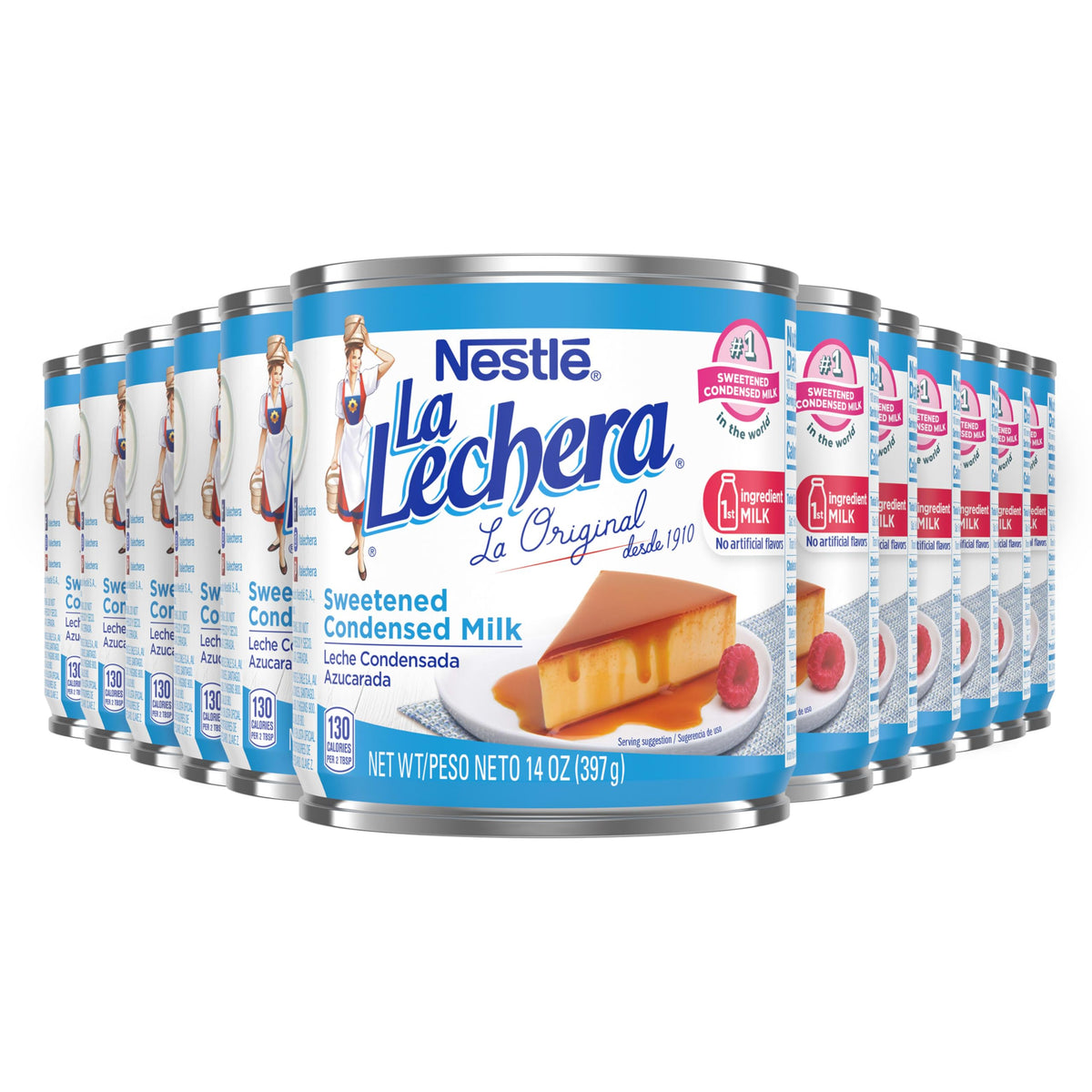 La Lechera sweetened condensed milk 12-pack front view for festive treats.