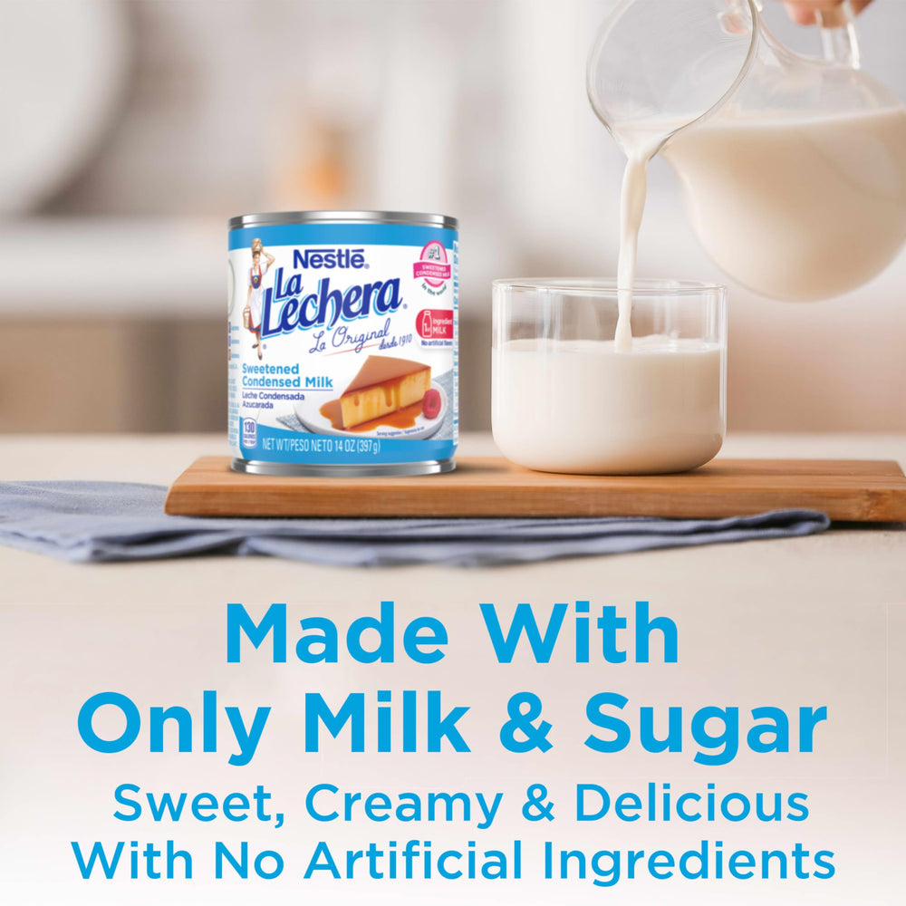La Lechera can being poured, perfect for creamy toppings.