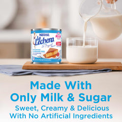 La Lechera can being poured, perfect for creamy toppings.