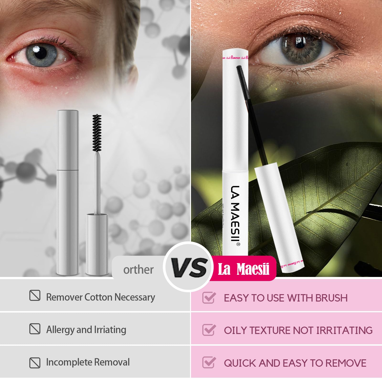 La Maesii lash remover packaging open demonstrates simple at-home use.