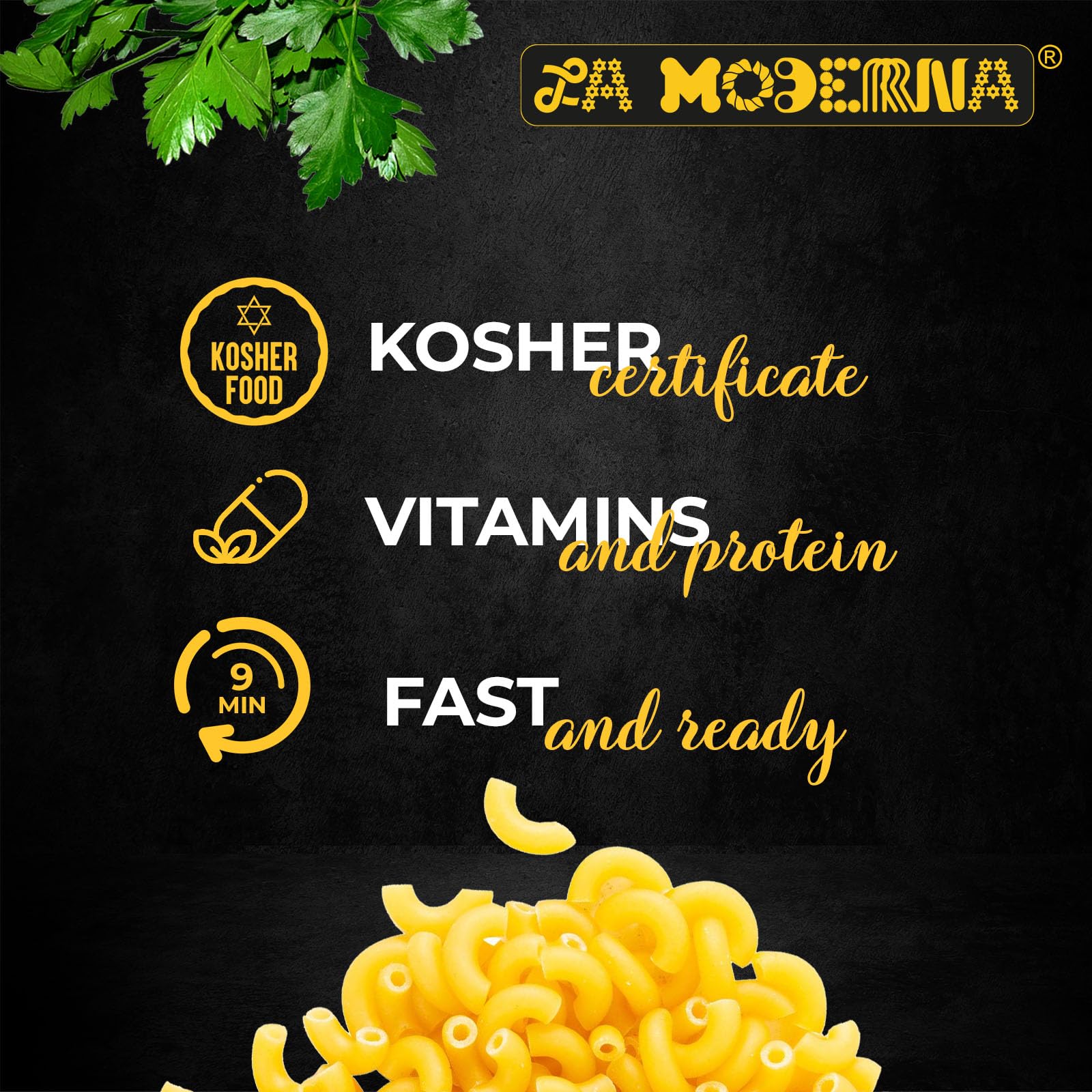 La Moderna Elbow Pasta nutrition label highlights fortification and ingredients.