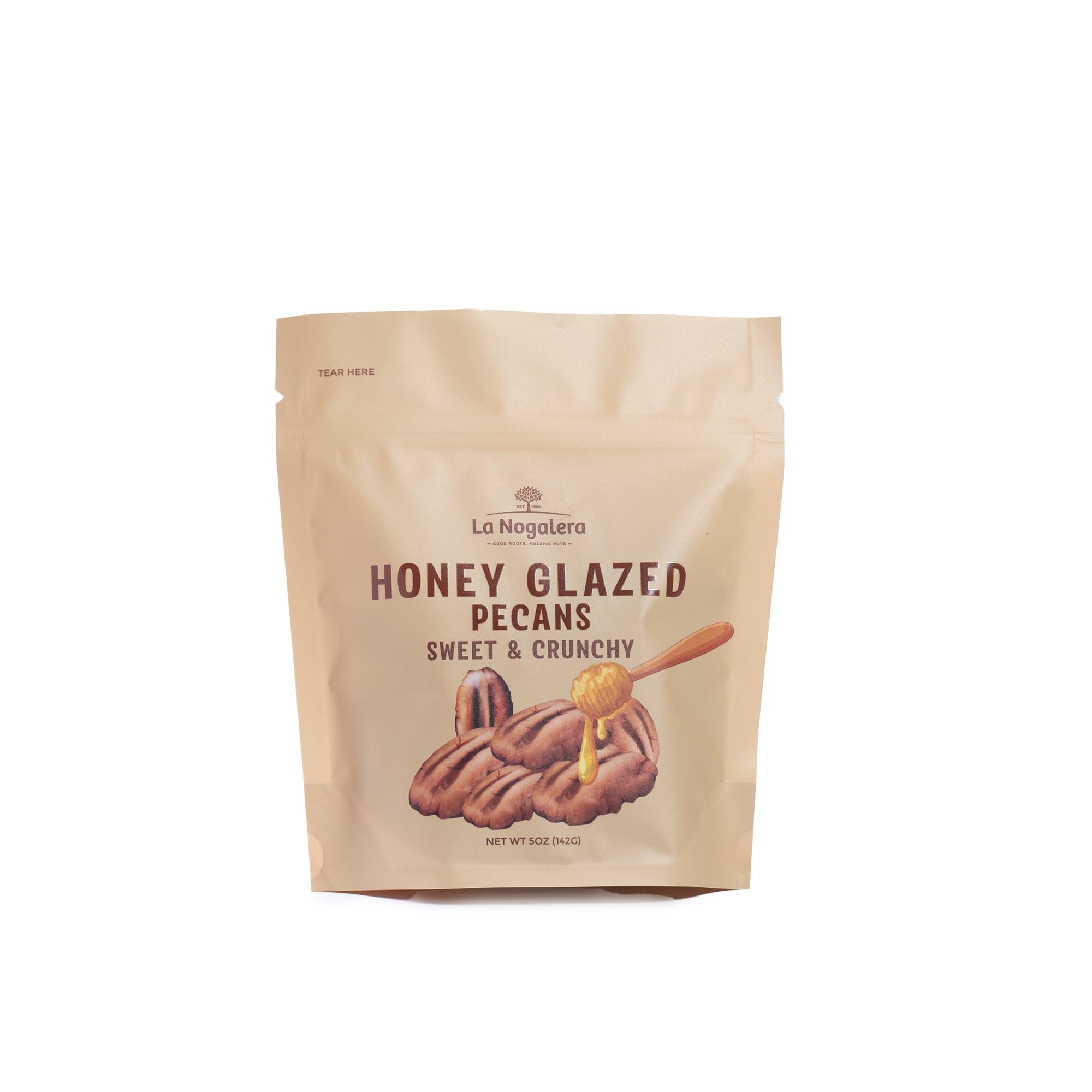 La Nogalera honey glazed pecans in a 5oz pouch for on-the-go snacking.
