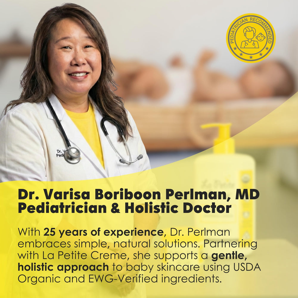 La Petite Creme baby care packaging close-up, USDA certified organic formula for gentle care.
