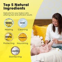 Application of La Petite Creme balm to baby's bottom shows gentle use.