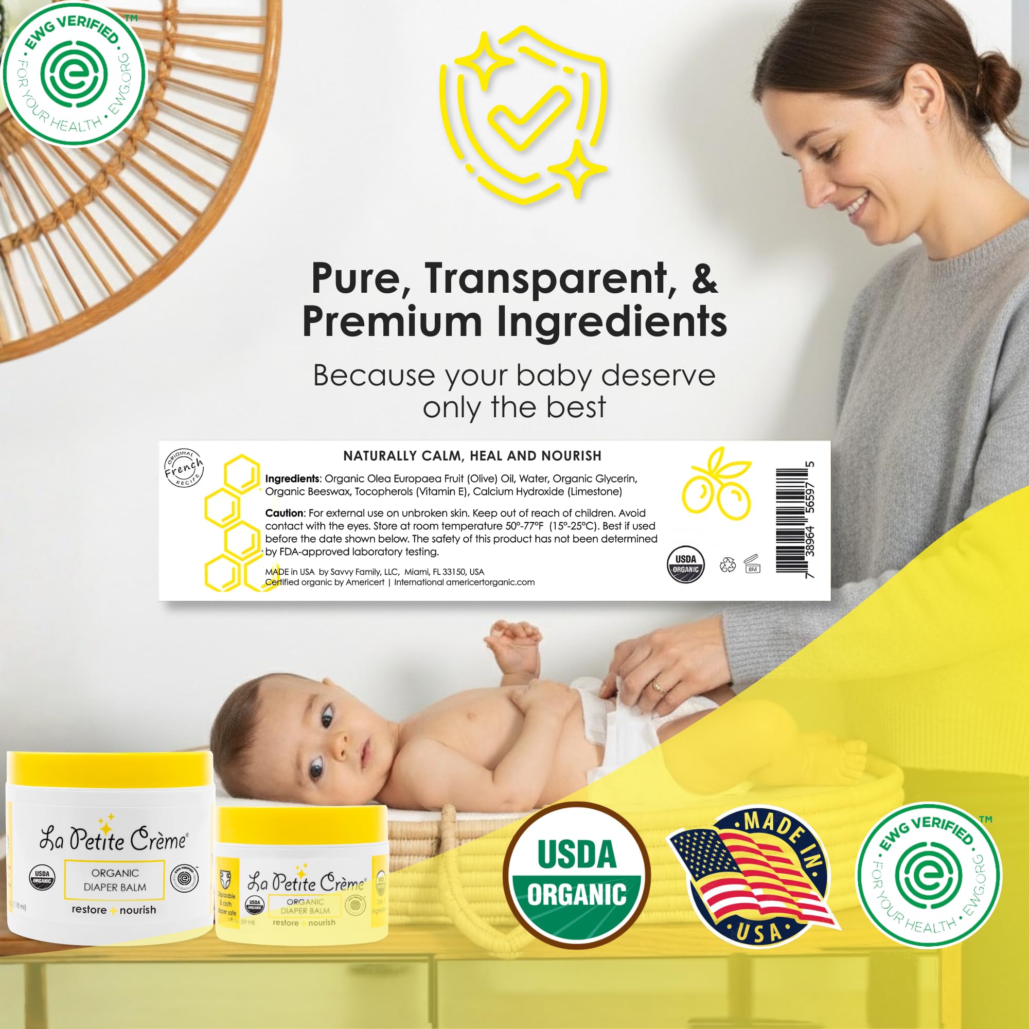 La Petite Creme diaper balm ingredients close-up highlighting organic, safe care for babies.