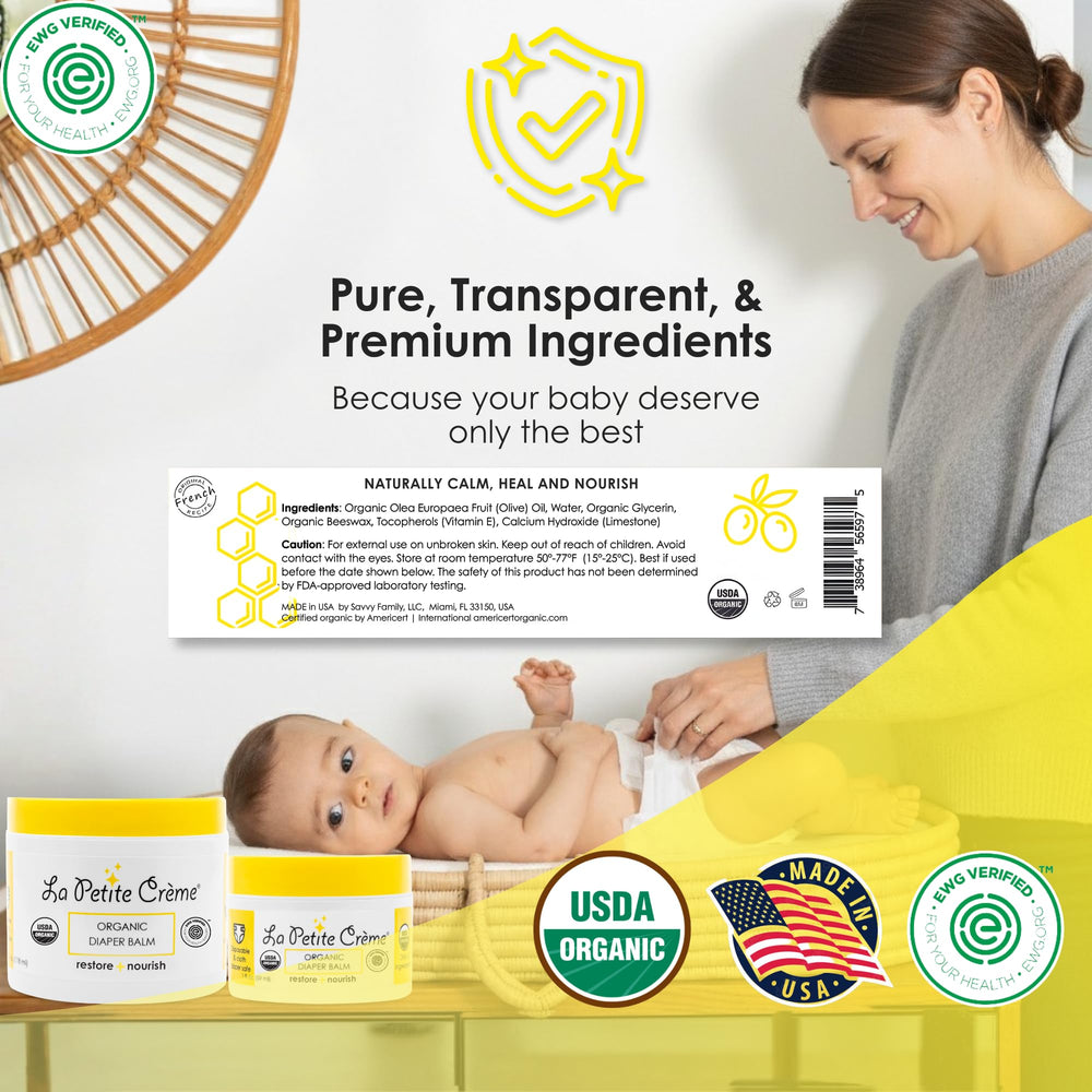 La Petite Creme diaper balm ingredients close-up highlighting organic, safe care for babies.