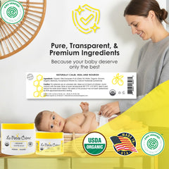 La Petite Creme diaper balm ingredients close-up highlighting organic, safe care for babies.