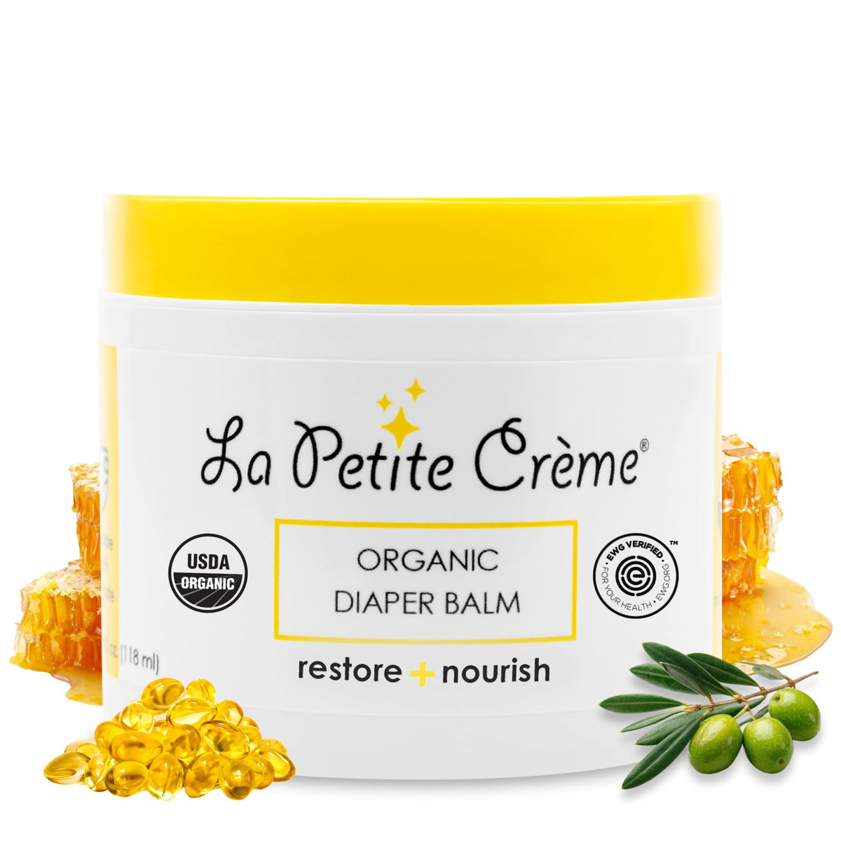 La Petite Creme diaper balm jar front view, compact soothing care for sensitive baby skin.