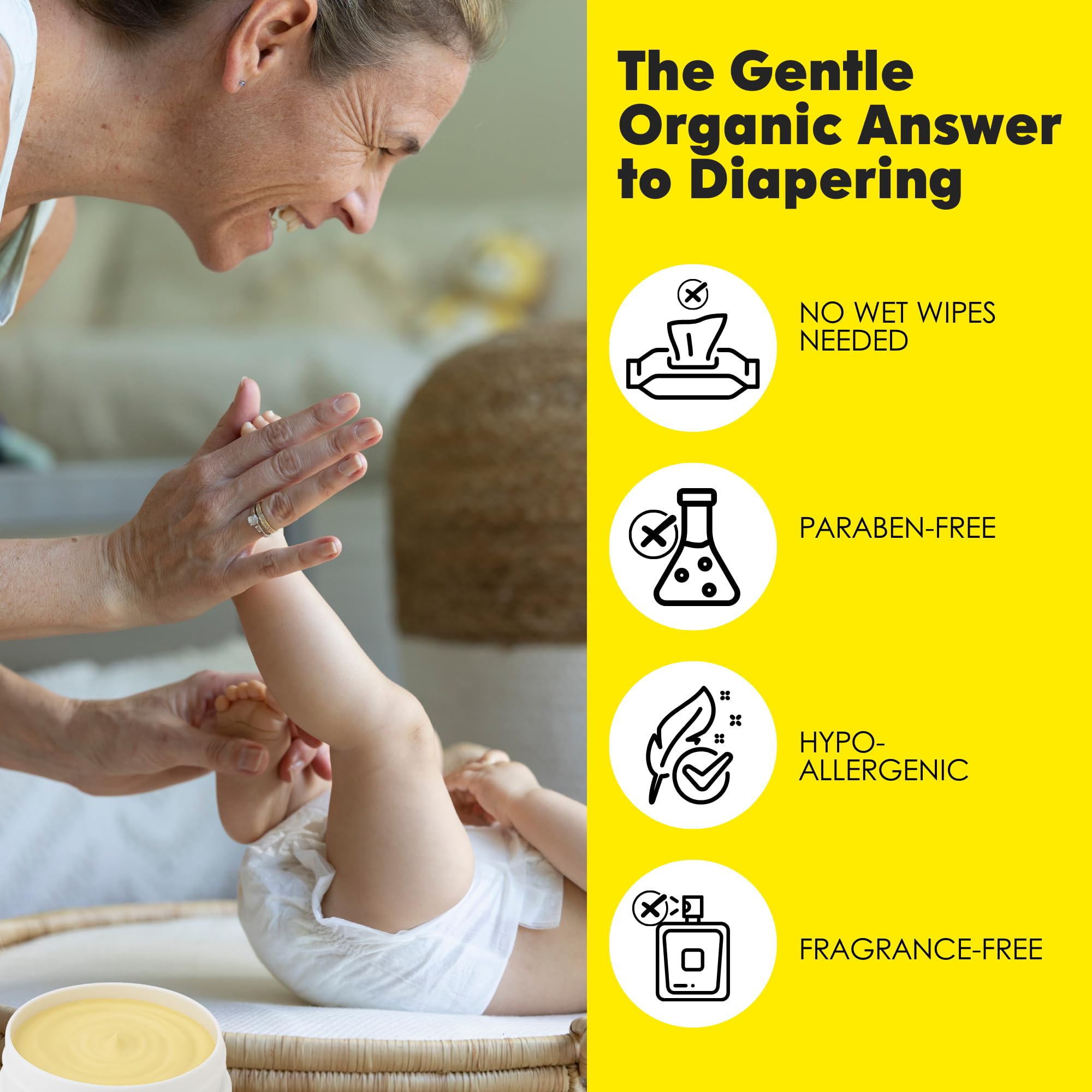 La Petite Creme balm shown with cloth and disposable diapers, demonstrating versatility.