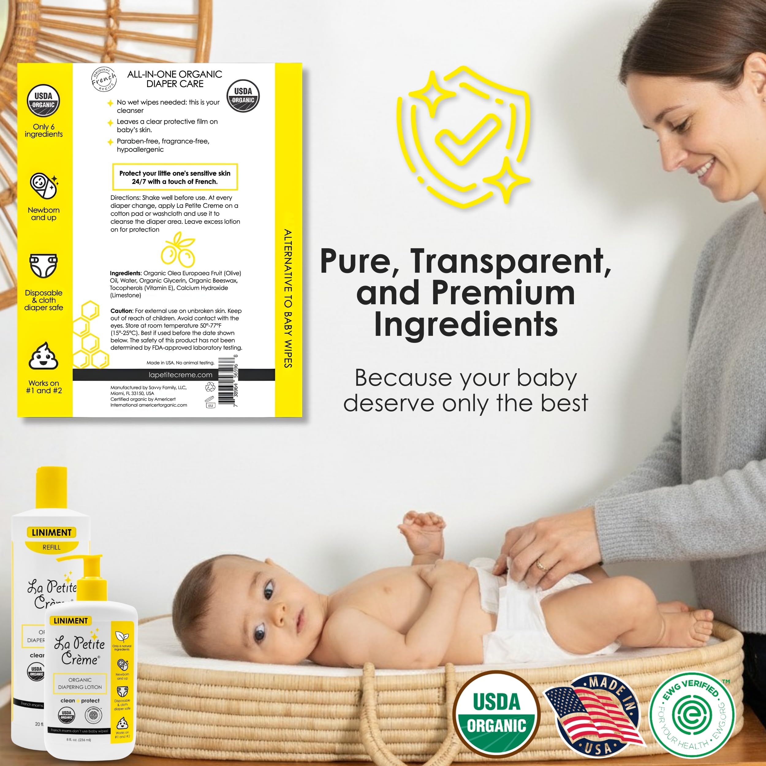 La Petite Creme organic diaper lotion bottle, acts as diaper cream alternative with soft, moisturized skin.