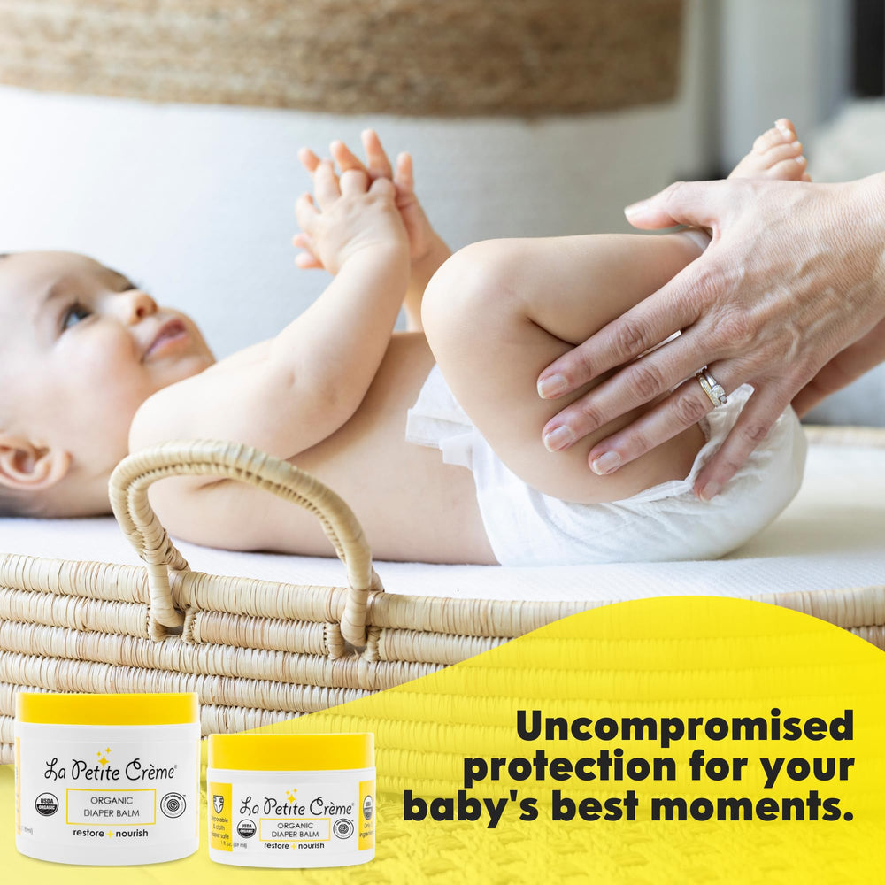 Close-up of baby's skin before and after using La Petite Creme diaper balm.
