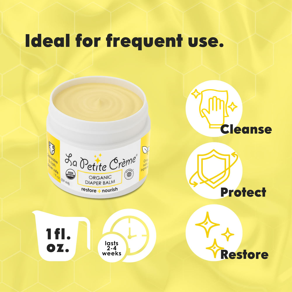 USDA Organic and EWG Verified symbols on La Petite Creme packaging for safe ingredients.
