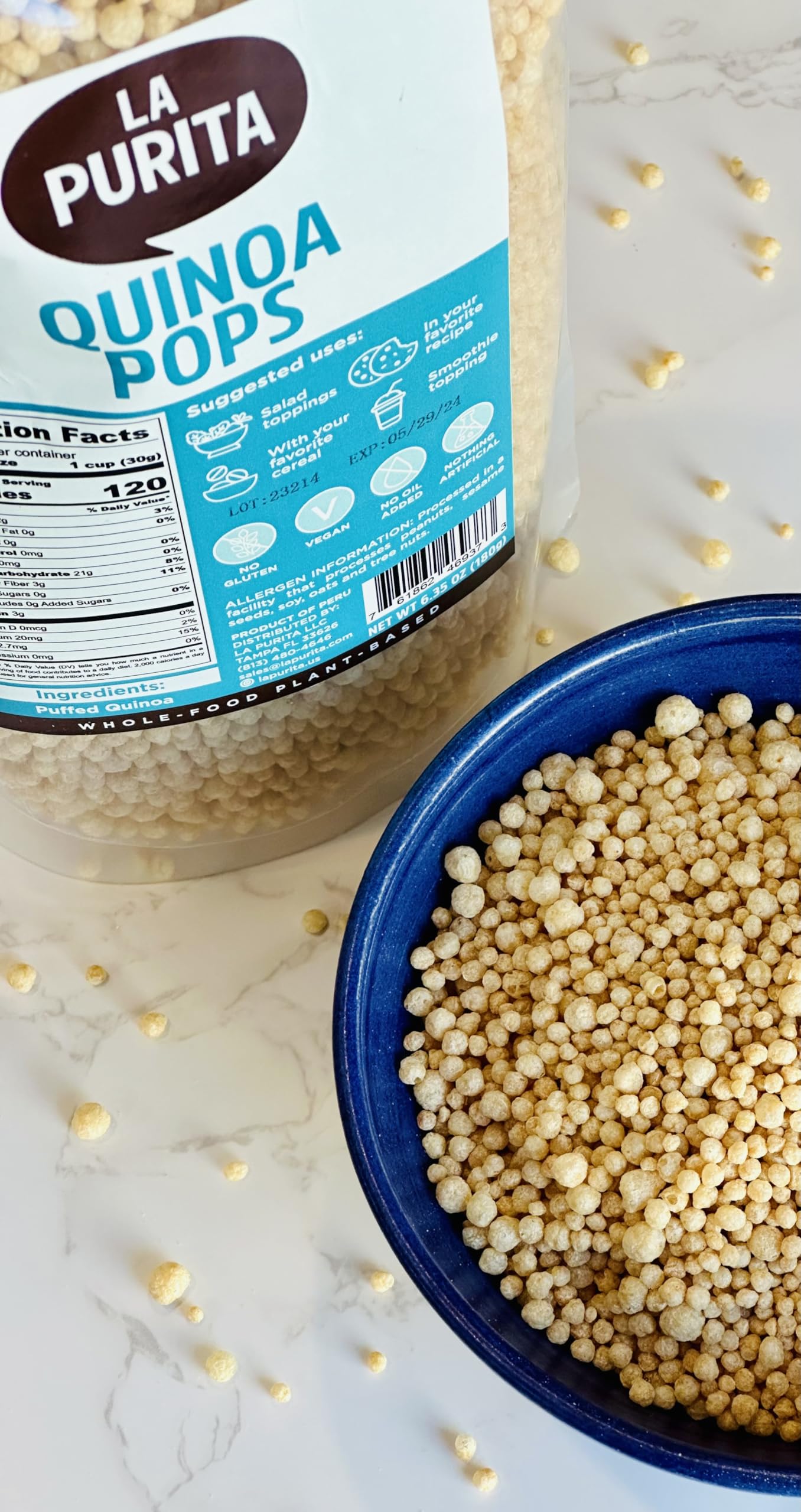 La Purita Quinoa Pops open-pack display, showcasing pure quinoa goodness.