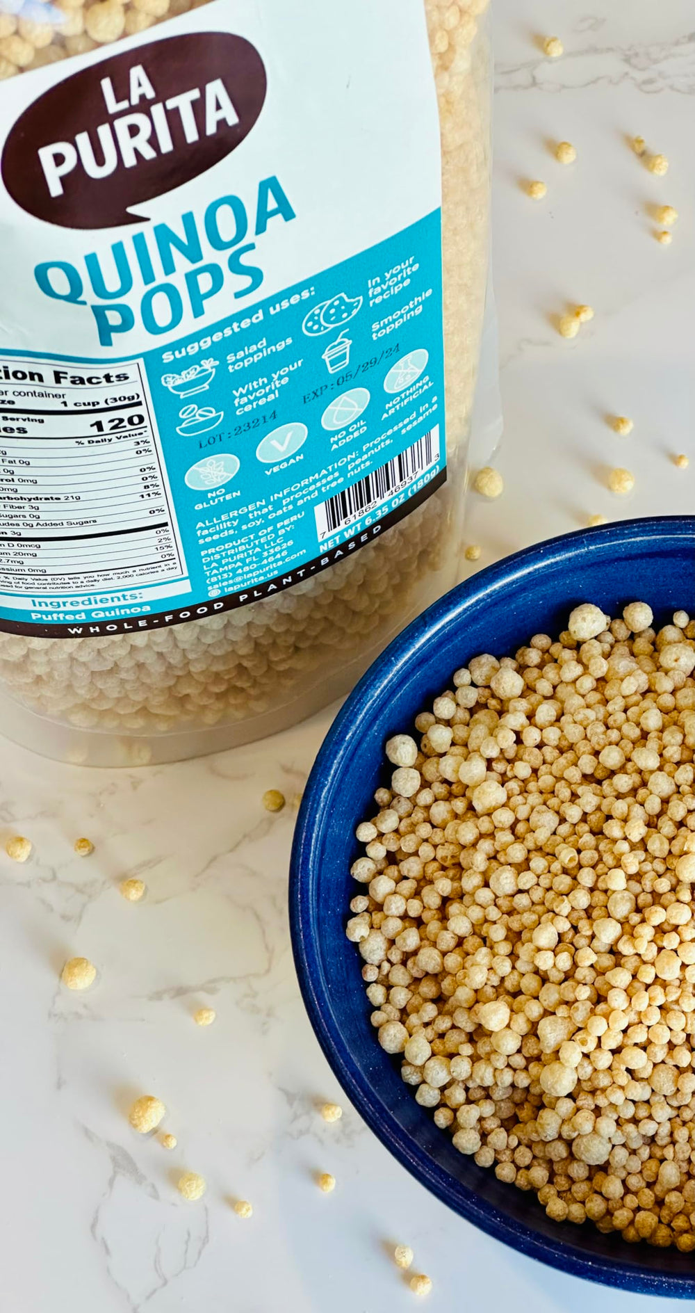 La Purita Quinoa Pops open-pack display, showcasing pure quinoa goodness.