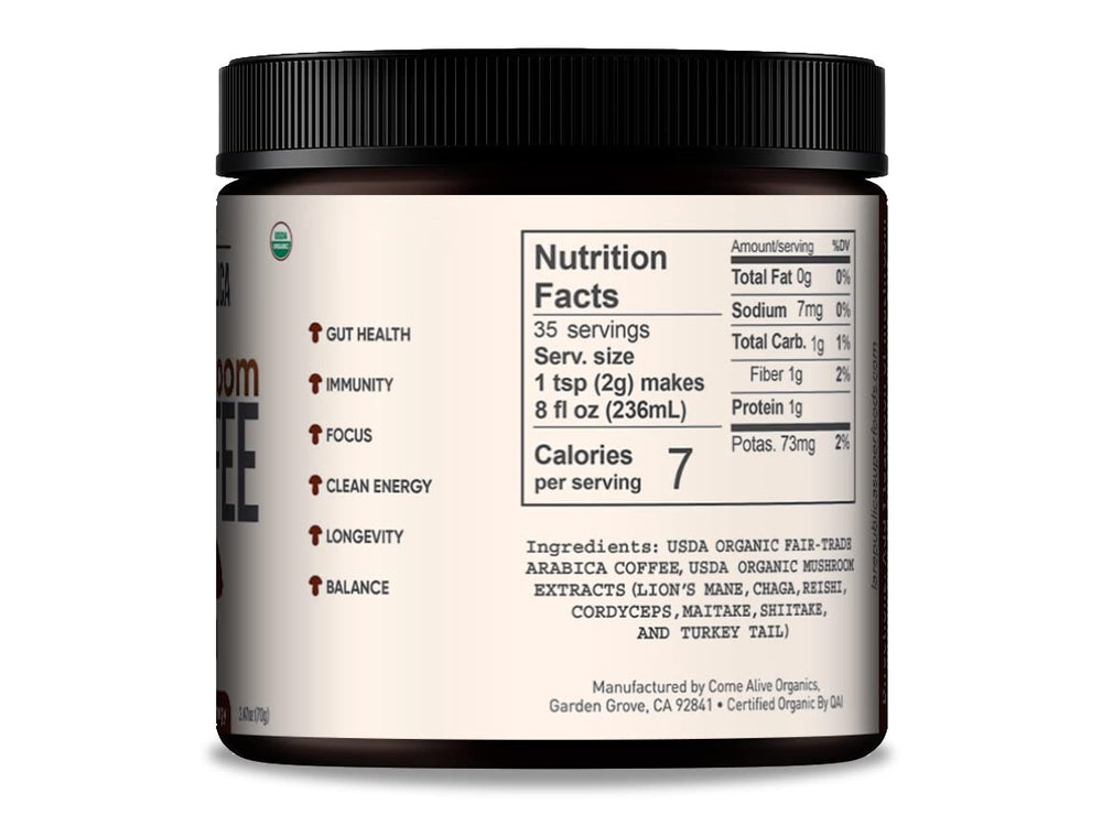La Republica Instant Mushroom Coffee jar front highlighting smooth, high-quality Arabica blend.