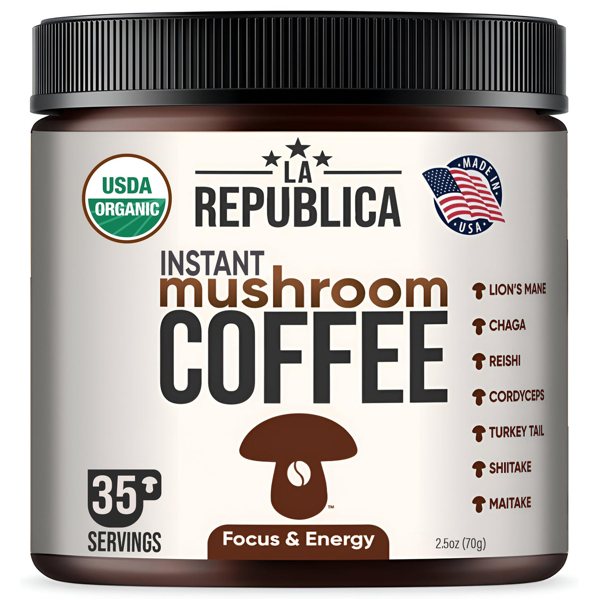 La Republica Instant Mushroom Coffee bag close-up showing organic packaging for premium taste.