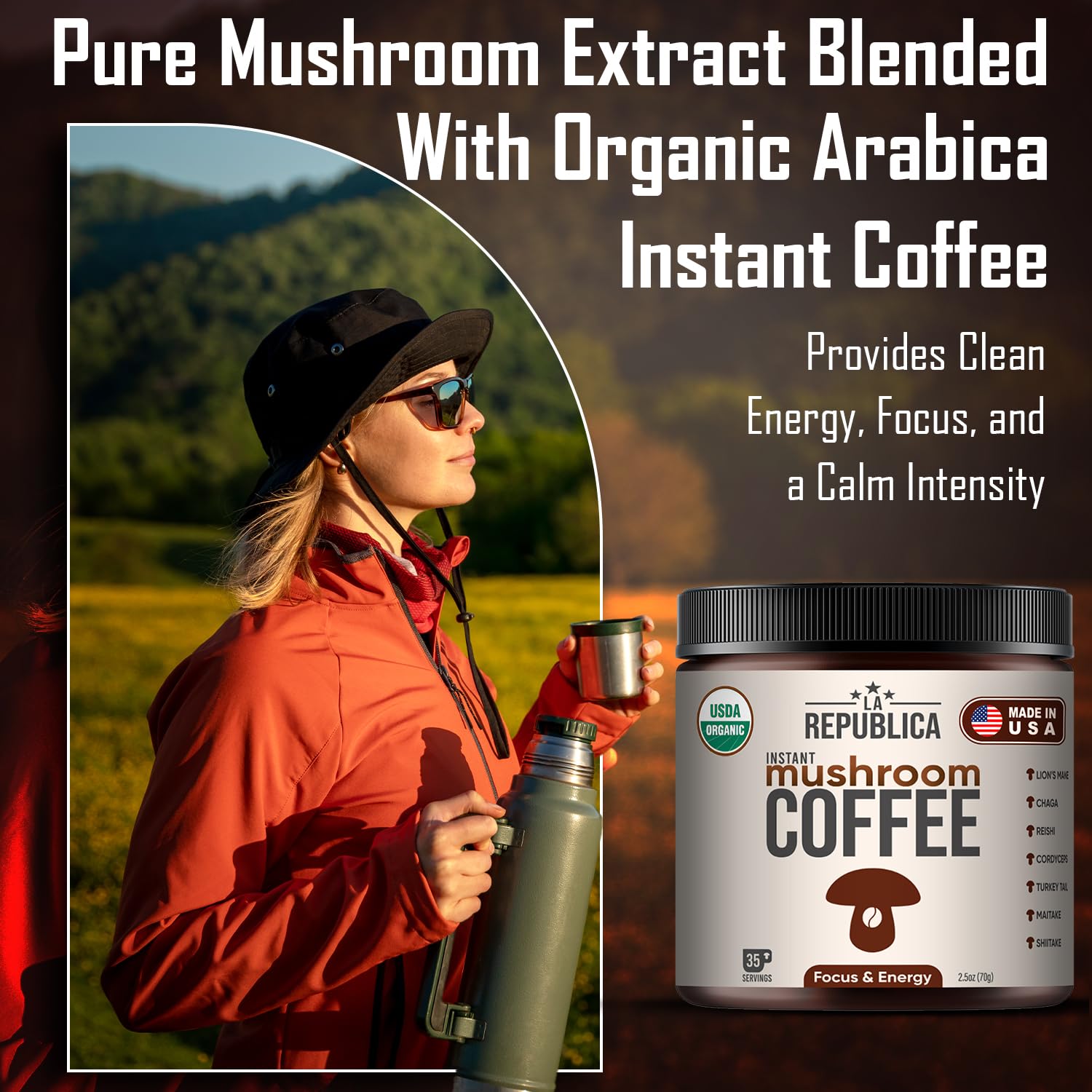 La Republica Mushroom extract detail emphasizes premium whole fruiting body sourcing.