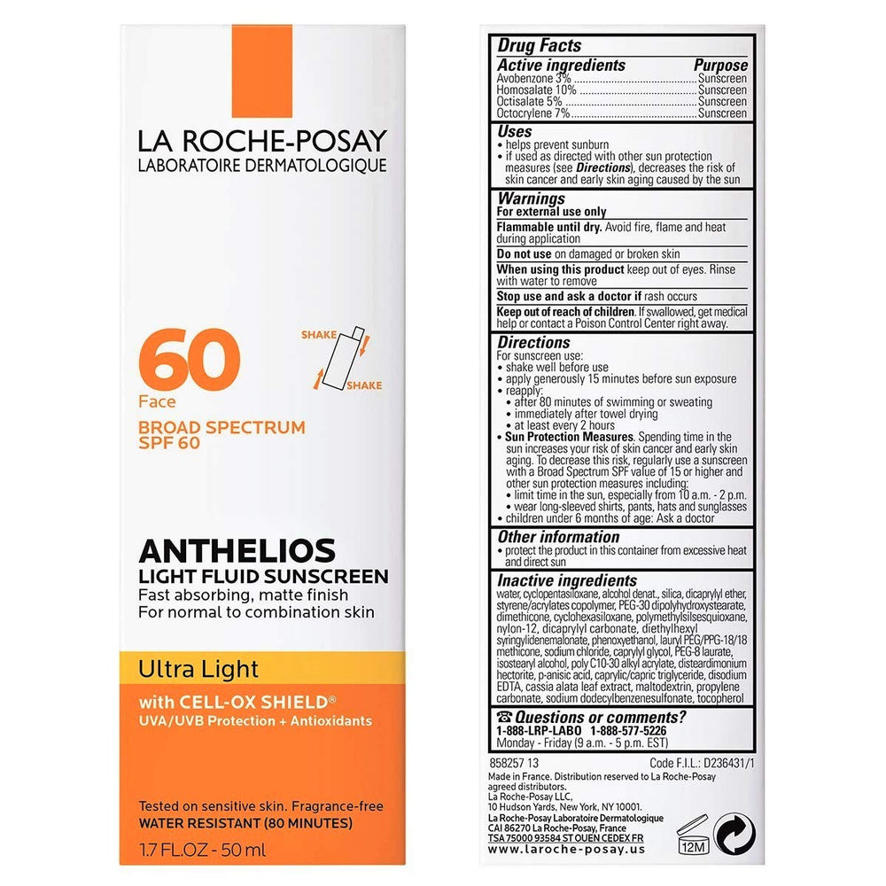 La Roche-Posay Anthelios Light Fluid label SPF60 highlighting broad spectrum protection.