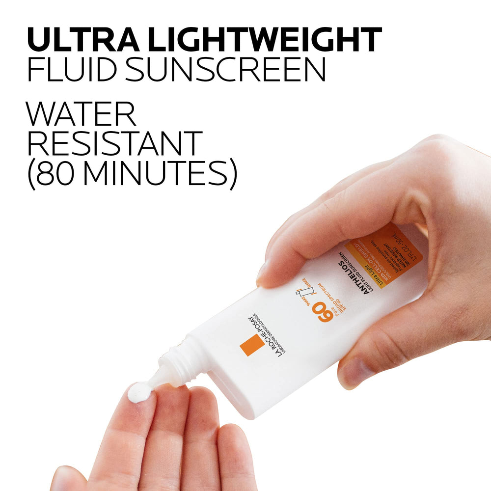 La Roche-Posay Anthelios Light Fluid texture close-up shows matte, non-greasy finish.