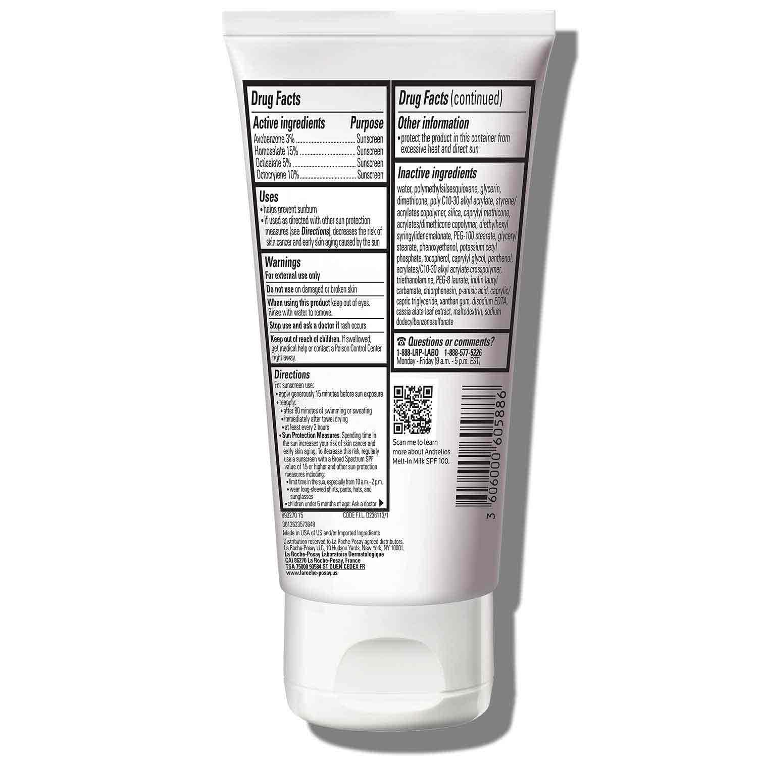 La Roche-Posay Anthelios Melt-In Milk SPF 100 packaging emphasizes oxybenzone-free and fragrance-free safety