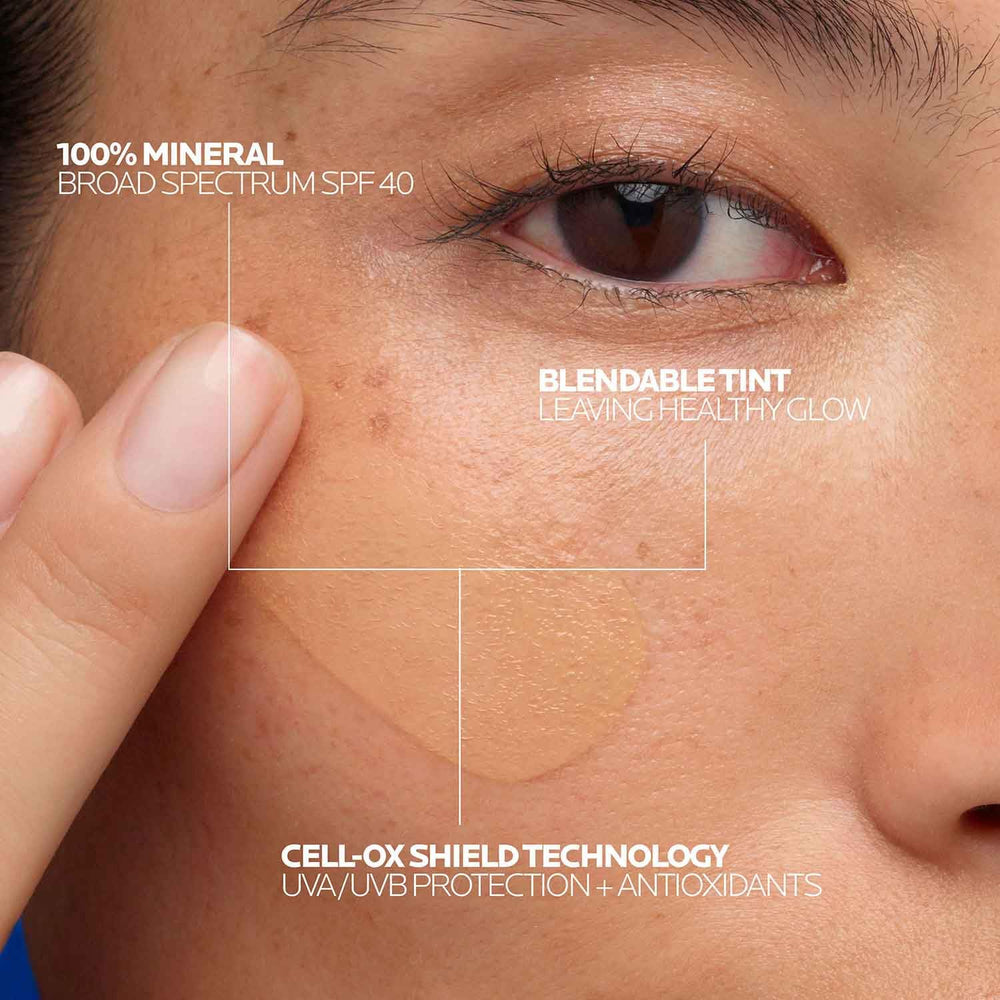 Anthelios tinted mineral sunscreen tint swatch showing flexible shade range