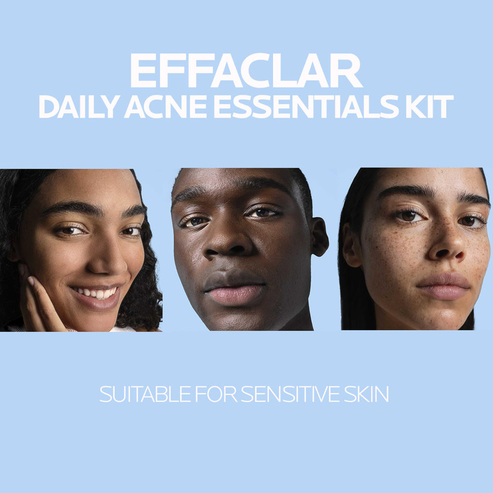 La Roche-Posay Effaclar routine graphic showing cleanser toner moisturizer.
