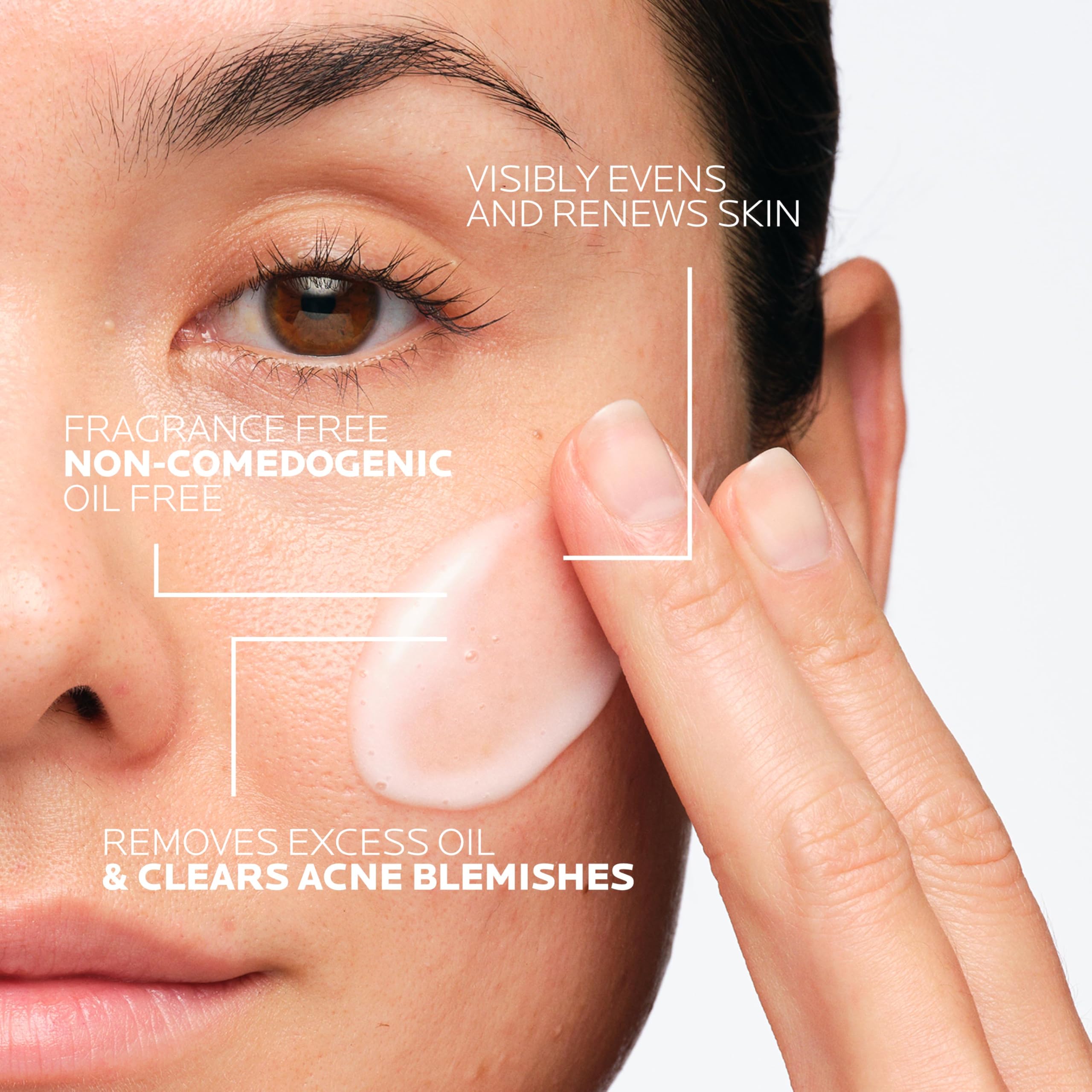 La Roche-Posay Effaclar Dual Acne Wash label close-up shows fragrance-free, oil-free formula.